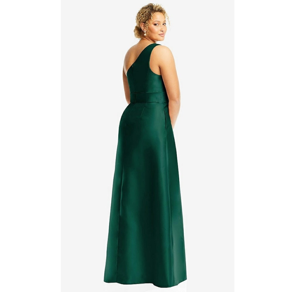 Alfred Sung: DRAPED ONE-SHOULDER SATIN MAXI DRESS WITH POCKETS (NWT) - Picture 2 of 6